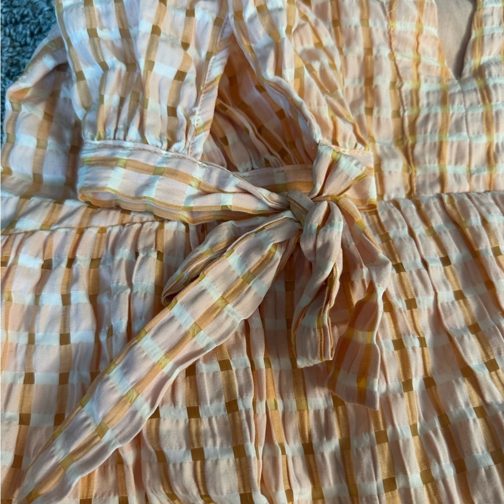 English factory Gingham Tiered Midi Dress Bow Tie Sleeves Orange XS pockets pink - Picture 11 of 14